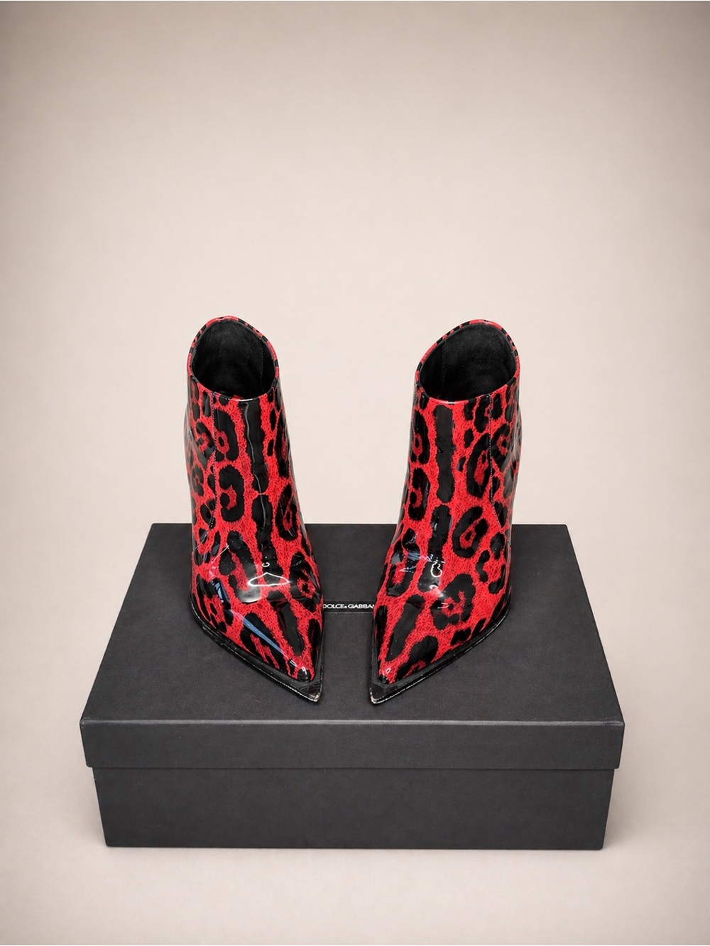 Dolce & Gabbana Red and Black Leopard-Print Pointed Ankle Boots